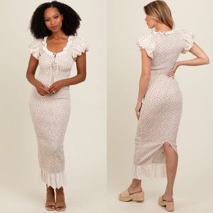 Floral Smocked Eyelet Lace Trim Maxi Dress Small Bodycon Cottagecore Milkmaid